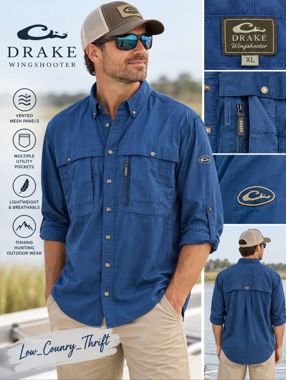 Drake Wingshooter XL Blue Vented Fishing Hunting Shirt Utility Button Up